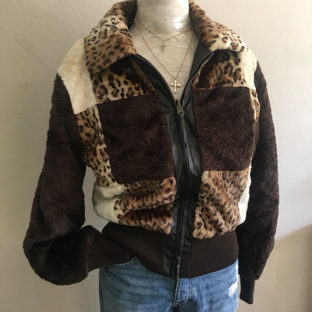 Leopard print color block faux fur bomber jacket